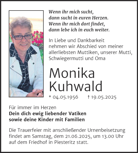 Traueranzeige von Monika Kuhwald von Trauerkombi Wittenberg