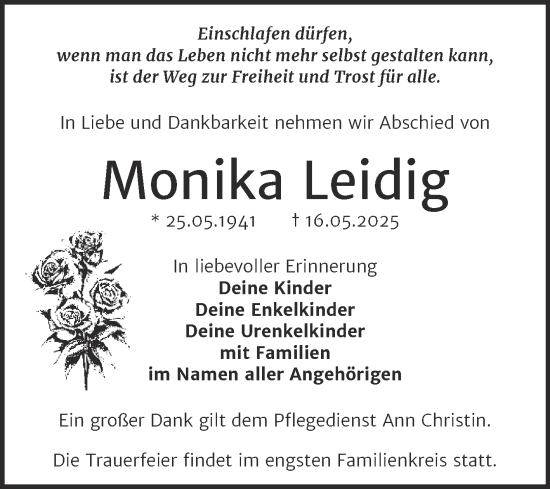 Traueranzeige von Monika Leidig von Trauerkombi Bitterfeld