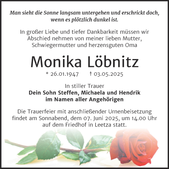 Traueranzeige von Monika Löbnitz von Trauerkombi Wittenberg