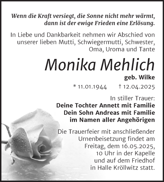 Traueranzeige von Monika Mehlich von Trauerkombi Bitterfeld