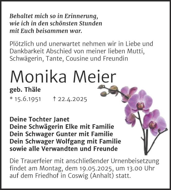 Traueranzeige von Monika Meier von Trauerkombi Wittenberg