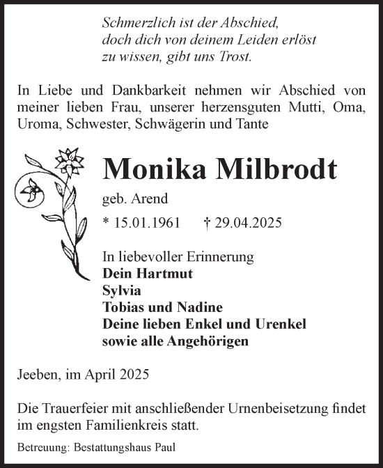 Traueranzeige von Monika Milbrodt von Volksstimme Altmark West