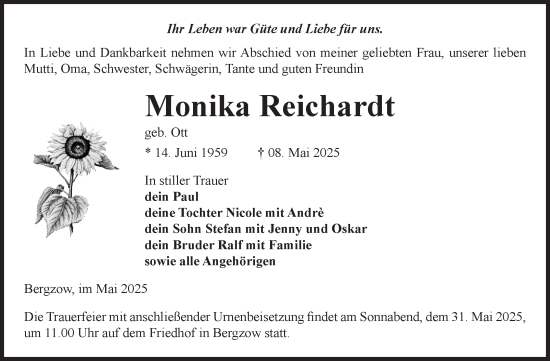 Traueranzeige von Monika Reichardt von Volksstimme Burg/Genthin