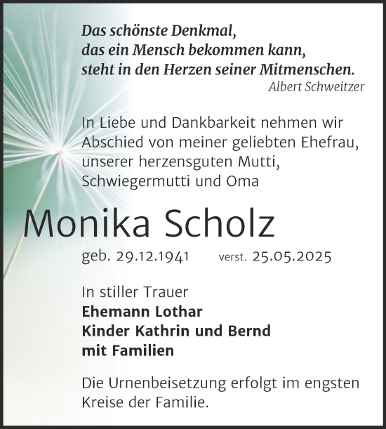 Traueranzeige von Monika Scholz von Trauerkombi Bernburg