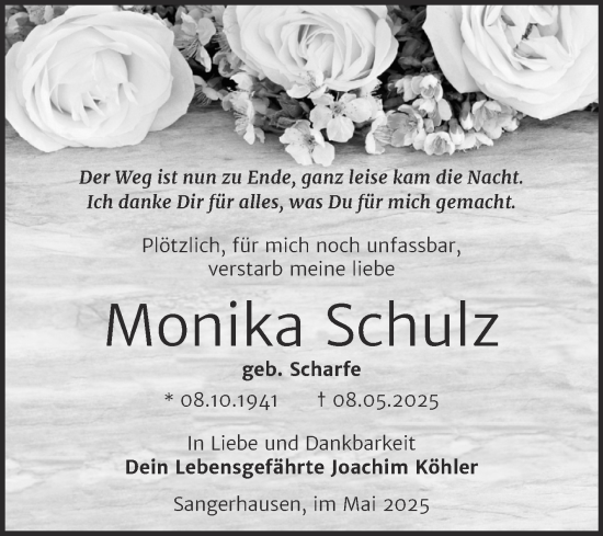 Traueranzeige von Monika Schulz von Trauerkombi Sangerhausen