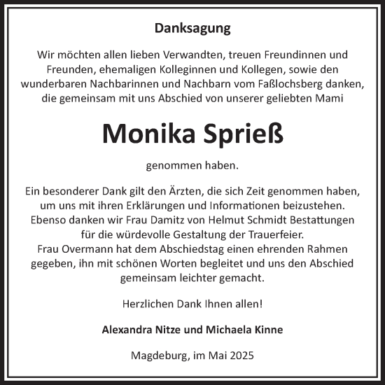 Traueranzeige von Monika Sprieß von Volksstimme Magdeburg