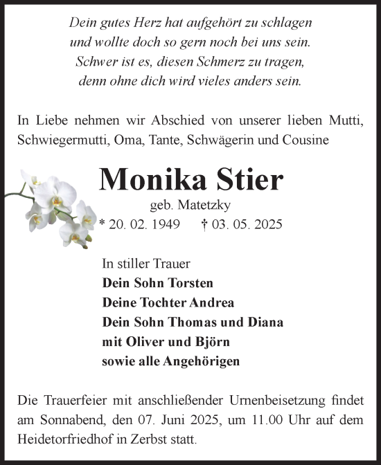 Traueranzeige von Monika Stier von Volksstimme Zerbst
