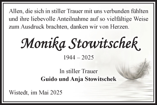 Traueranzeige von Monika Stowitschek von Volksstimme Altmark West