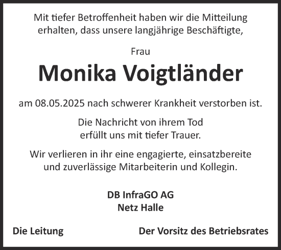 Traueranzeige von Monika Voigtländer von Super Sonntag Halle/Saalkreis