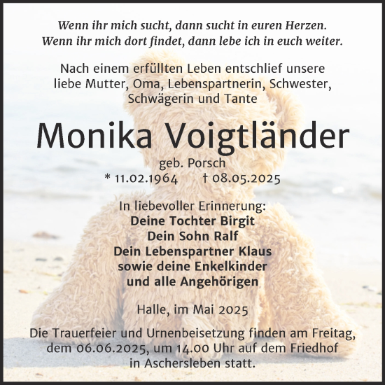 Traueranzeige von Monika Voigtländer von Mitteldeutsche Zeitung Halle/Saalkreis