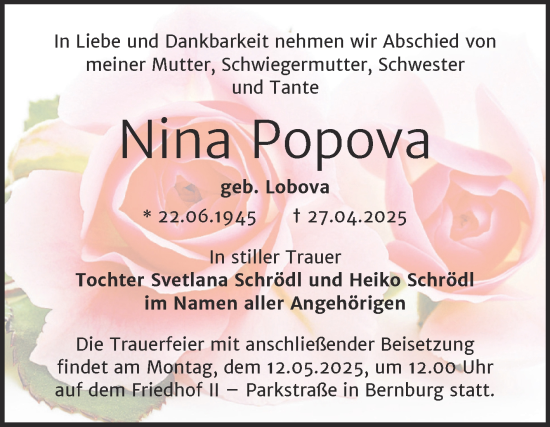 Traueranzeige von Nina Popova von Trauerkombi Bernburg