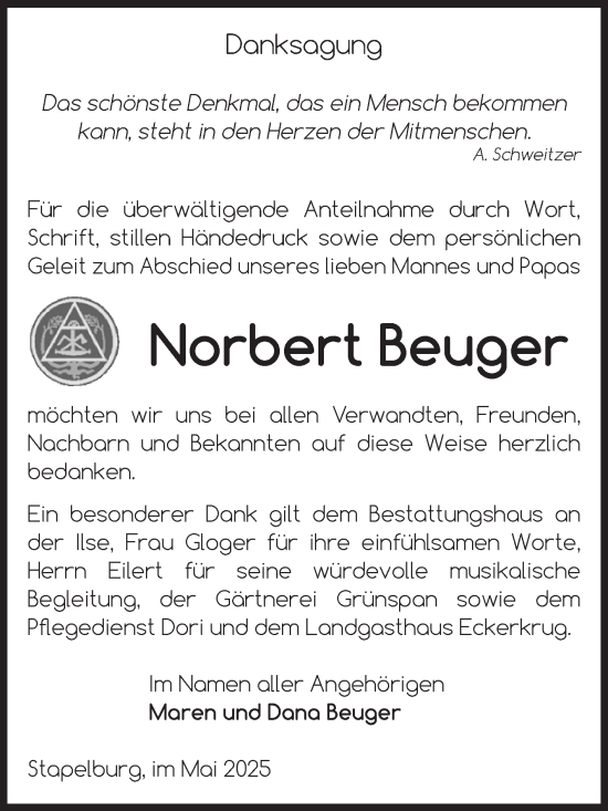 Traueranzeige von Norbert Beuger von Volksstimme Wernigerode
