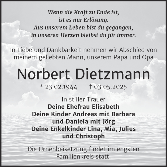Traueranzeige von Norbert Dietzmann von Trauerkombi Wittenberg