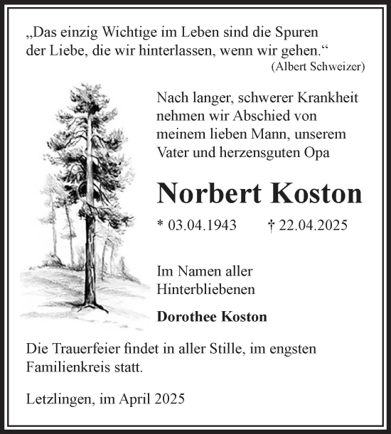 Traueranzeige von Norbert Koston von Volksstimme Altmark West