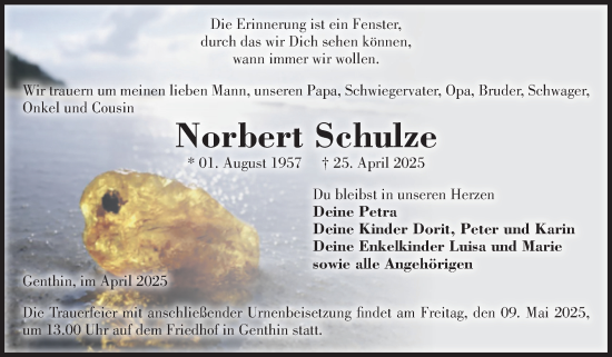 Traueranzeige von Norbert Schulze von Volksstimme Burg/Genthin