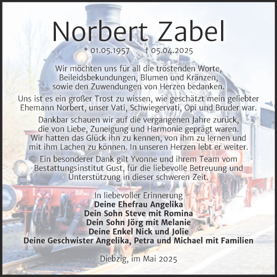 Traueranzeige von Norbert Zabel von Trauerkombi Köthen