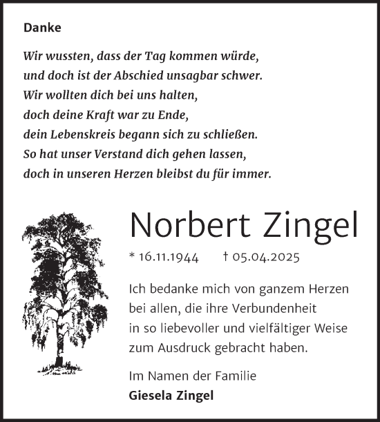 Traueranzeige von Norbert Zingel von Trauerkombi Wittenberg