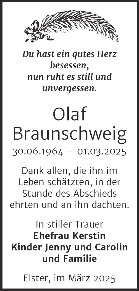 Traueranzeige von Olaf Braunschweig von Trauerkombi Wittenberg