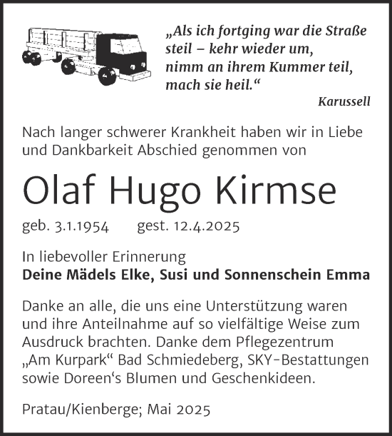 Traueranzeige von Olaf Hugo Kirmse von Trauerkombi Wittenberg