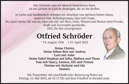 Traueranzeige von Otfried Schröder von Volksstimme Altmark Ost