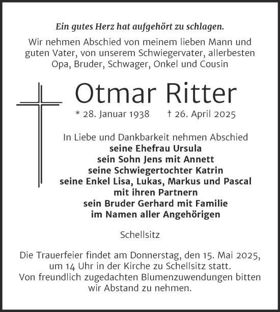 Traueranzeige von Otmar Ritter von Naumburger Tageblatt