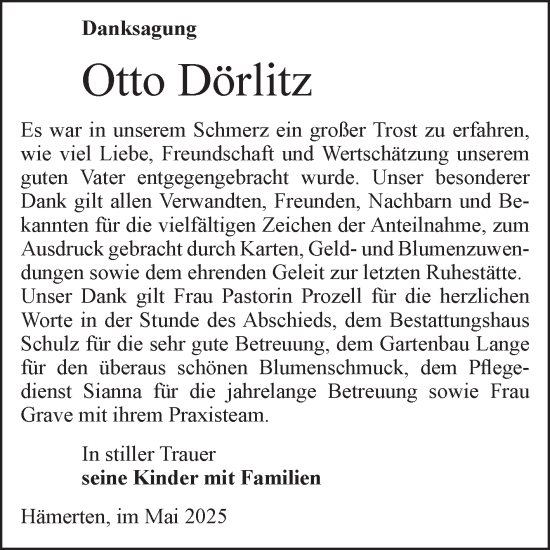 Traueranzeige von Otto Dörlitz von Volksstimme Altmark Ost