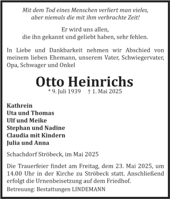 Traueranzeige von Otto Heinrichs von Volksstimme Halberstadt