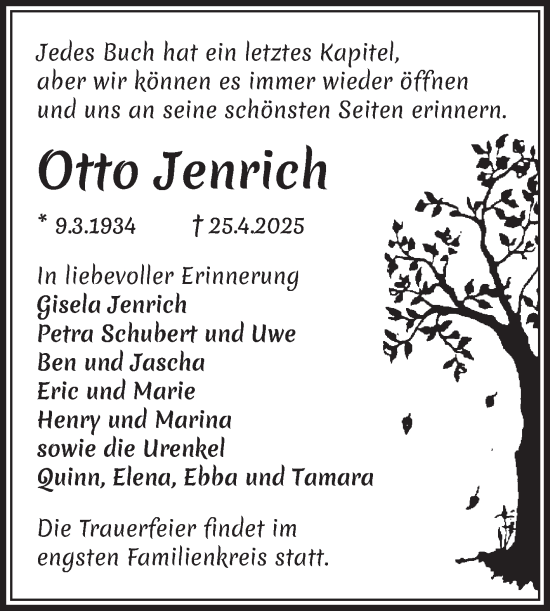 Traueranzeige von Otto Jenrich von Volksstimme Magdeburg
