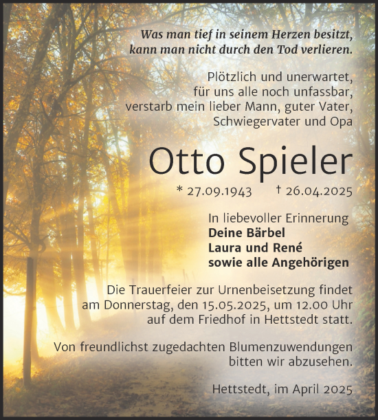 Traueranzeige von Otto Spieler von Trauerkombi Mansfelder Land