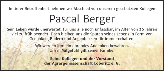 Traueranzeige von Pascal Berger von SuperSonntag Bitterfeld