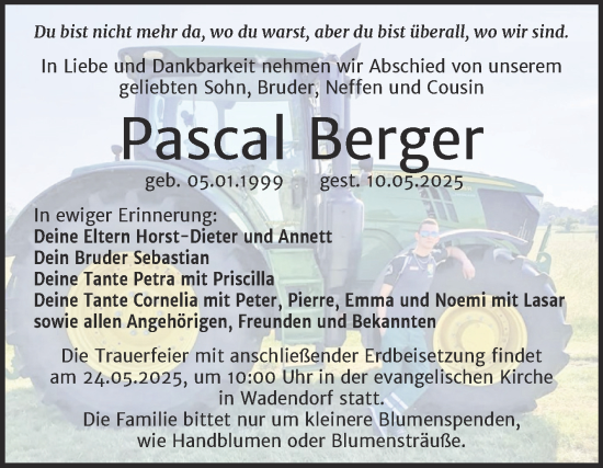 Traueranzeige von Pascal Berger von SuperSonntag Bitterfeld