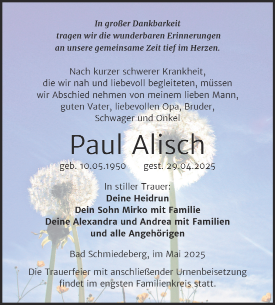 Traueranzeige von Paul Alisch von Trauerkombi Wittenberg
