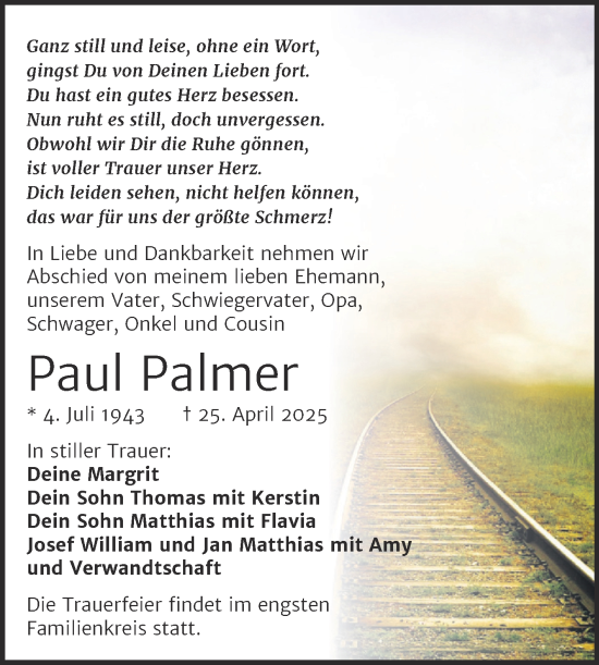 Traueranzeige von Paul Palmer von Trauerkombi Dessau