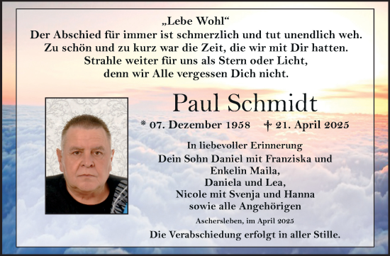 Traueranzeige von Paul Schmidt von Trauerkombi Aschersleben