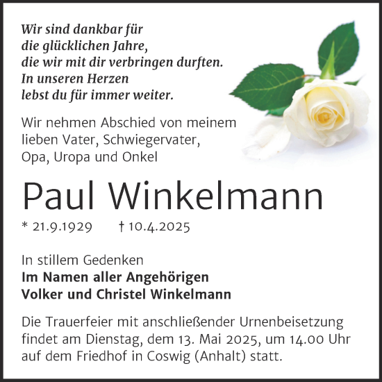 Traueranzeige von Paul Winkelmann von Trauerkombi Wittenberg