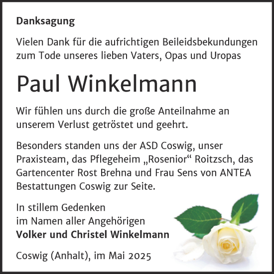Traueranzeige von Paul Winkelmann von Trauerkombi Bitterfeld