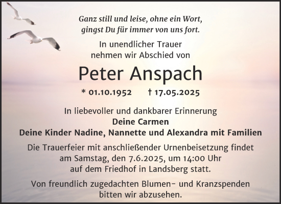 Traueranzeige von Peter Anspach von Mitteldeutsche Zeitung Halle/Saalkreis