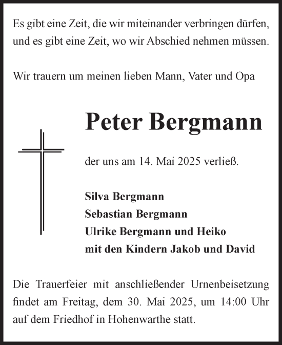 Traueranzeige von Peter Bergmann von Volksstimme Burg/Genthin