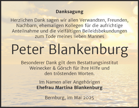 Traueranzeige von Peter Blankenburg von Trauerkombi Bernburg