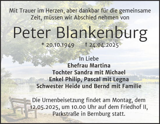 Traueranzeige von Peter Blankenburg von Trauerkombi Bernburg