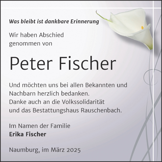 Traueranzeige von Peter Fischer von Super Sonntag Naumburg/Nebra