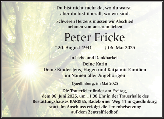 Traueranzeige von Peter Fricke von Trauerkombi Quedlinburg