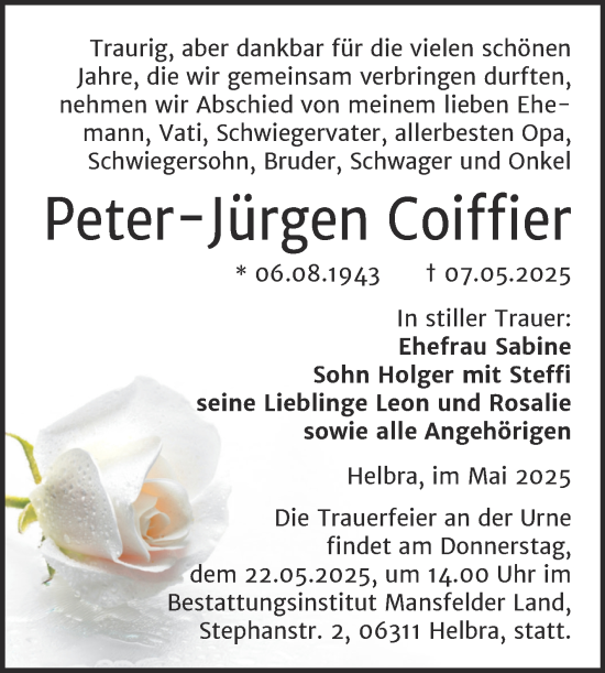 Traueranzeige von Peter-Jürgen Coiffier von Trauerkombi Mansfelder Land