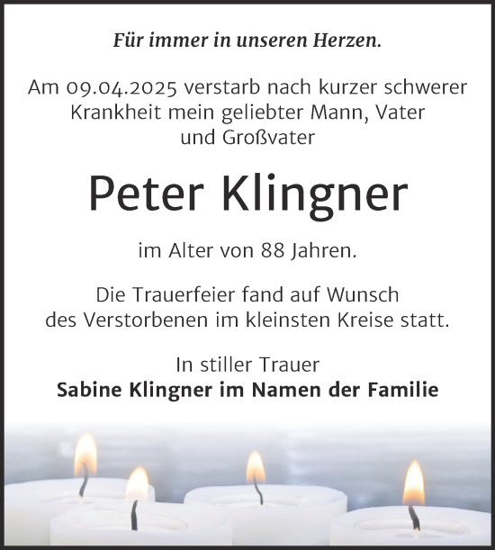 Traueranzeige von Peter Klingner von Mitteldeutsche Zeitung Halle/Saalkreis
