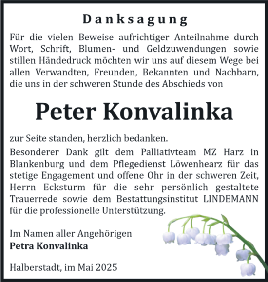 Traueranzeige von Peter Konvalinka von Volksstimme Halberstadt