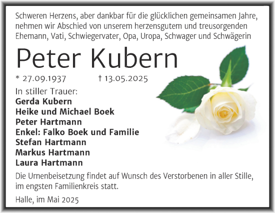 Traueranzeige von Peter Kubern von Mitteldeutsche Zeitung Halle/Saalkreis