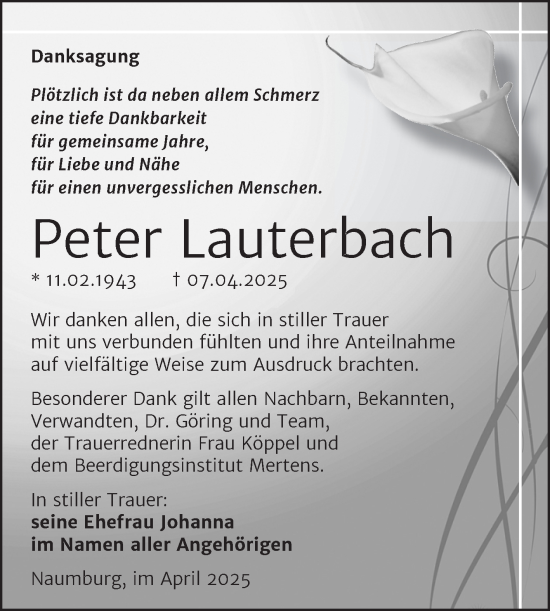 Traueranzeige von Peter Lauterbach von Super Sonntag Naumburg/Nebra