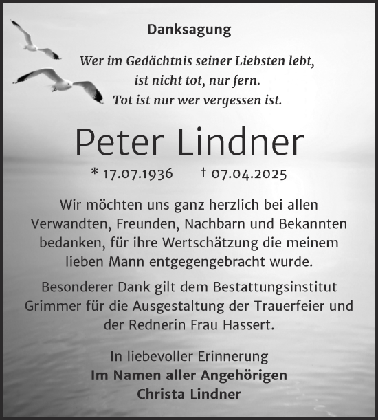 Traueranzeige von Peter Lindner von Trauerkombi Mansfelder Land