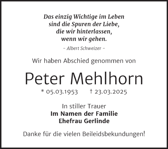 Traueranzeige von Peter Mehlhorn von Trauerkombi Bitterfeld