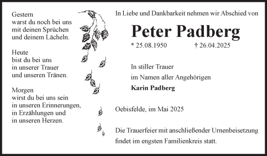 Traueranzeige von Peter Padberg von Volksstimme Altmark West